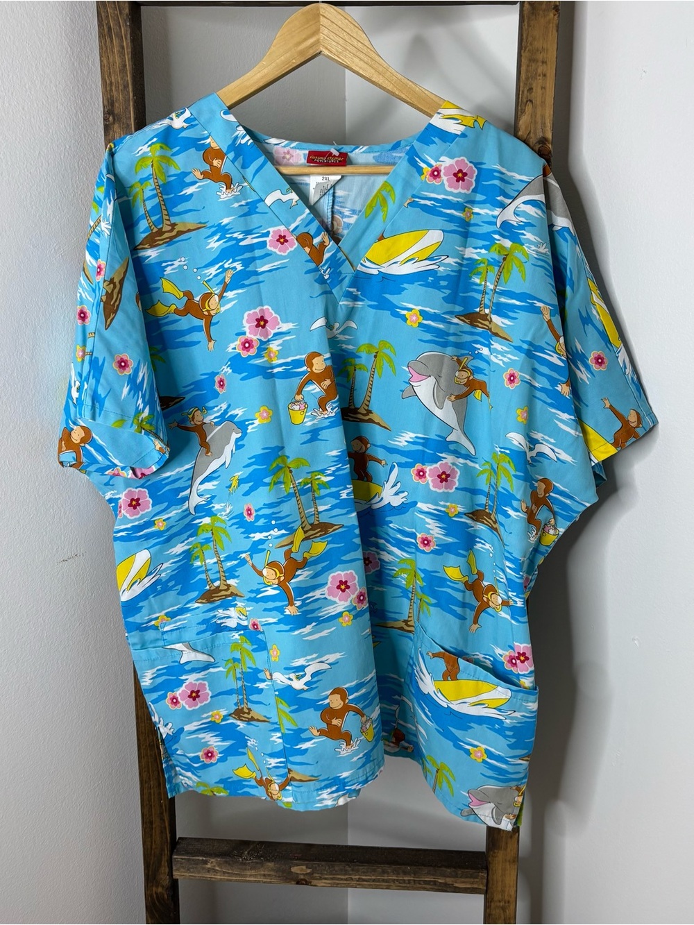 Curious George Blue Tropical Monkey & Dolphin Print V-Neck Scrub Top Size 2X